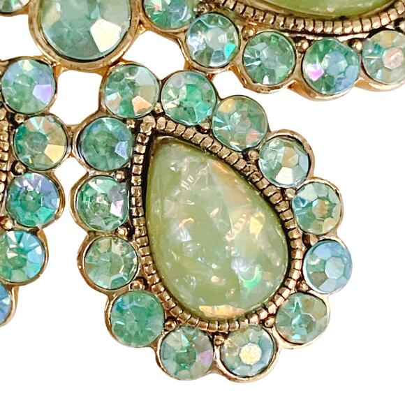 VTG 1960s Brooch Green Cabochons Rhinestones Starburst Sparkling Opal-Look MCM - Picture 11 of 15